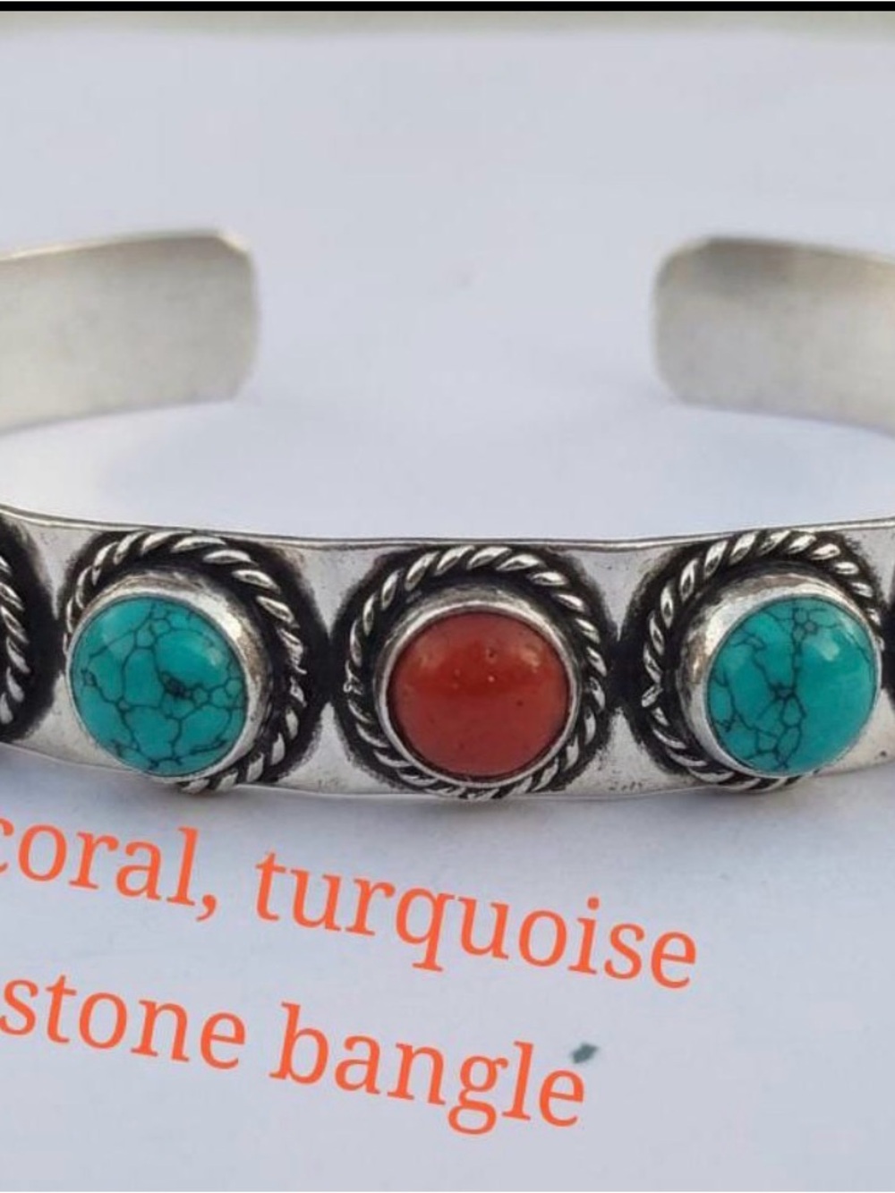 Silver Cuff Bracelet with Turquoise and Red Stone Accents - Picture 7 of 8